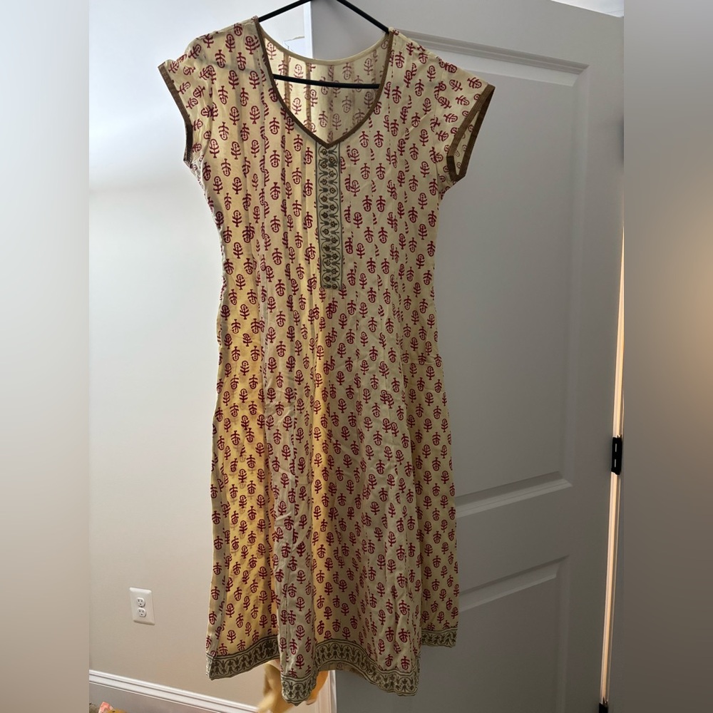 Elegant Cream and Red Patterned Dress